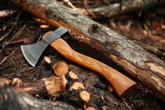 Handcrafted axe with wooden handle lying on logs and wood chips, showcasing its readiness for chopping wood in outdoor setting - Powered by Adobe