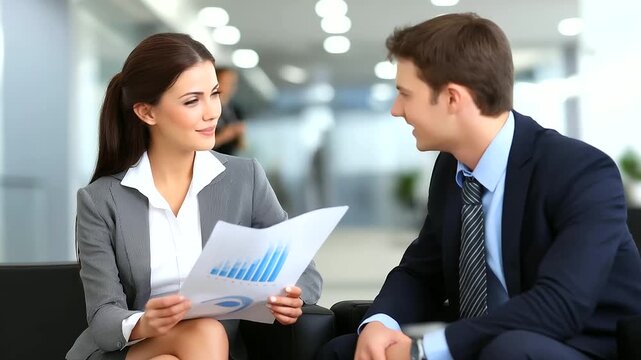 A manager and an employee, having a performance review, looking at a printed report with charts, formal meeting, professional, constructive