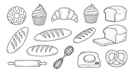 Hand Drawn Bakery and Bread Outline Icons Set. Pastry and Baking Tools Doodle Collection