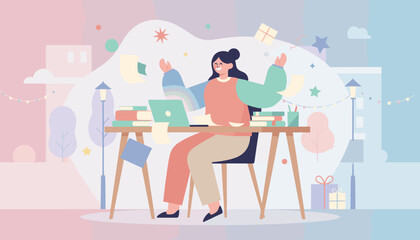 Joyful woman celebrates success at a desk surrounded by books and flying papers