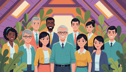 Diverse business team smiling in a modern vibrant office setting surrounded by plants illustrating collaboration