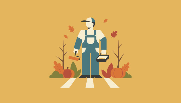 Tradesman in overalls holds a paint roller in an autumn setting with pumpkins and fall leaves
