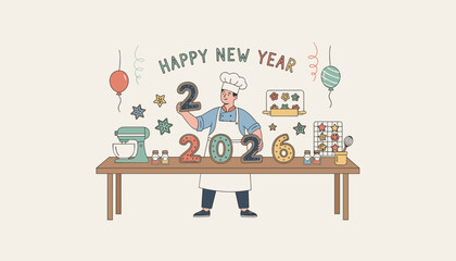 Happy New Year 2026 illustration Chef baking festive date cookies and holding a number two