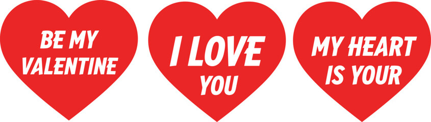 Valentine heart messages, romantic red love symbols, bold white text vector, I love you, CAD drawing flat vector illustration