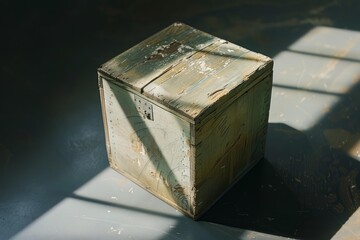 Light coming through window creates shadows on old wooden crate resting on floor