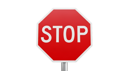Realistic red stop sign with white text isolated on transparent background