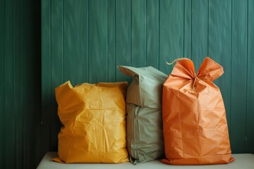 Reusable shopping bags sitting on bench in front of green wall, promoting sustainability and eco friendly practices