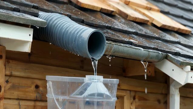 Detailed 4K Ultra HD POV close up shot of rainwater flowing rapidly through the plastic downpipe connected to the guttering of a rustic wood cabin as the water empties directly into a plastic water