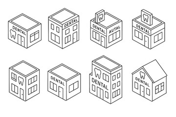 Fototapeta premium Collection of dental clinic designs featuring various building styles