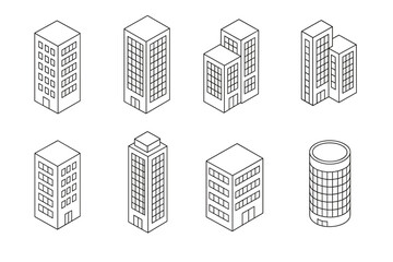 Collection of minimalist outline icon buildings for urban design and architecture projects