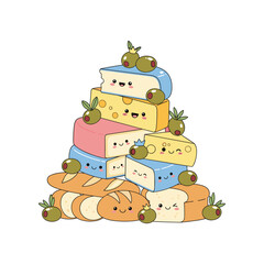 Cute smiling cheese and bread stack cartoon food with olive vector