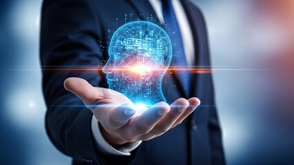 A businessman holding a glowing holographic human head representing artificial intelligence and innovation.