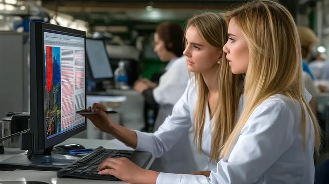 Two editors, proofreading a document layout on a large high-resolution monitor, meticulous, redlining text, quiet concentration, publishing office, in the style of a day-in-the-lif