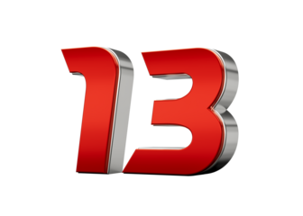 Metallic Red number 13 or Thirteen with a glossy finish and reflective silver edges. 3d illustration