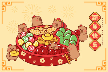 Cute Lunar New year tray of togetherness with capybara greeting banner