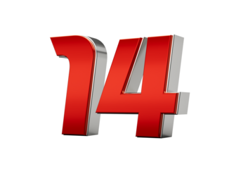 Metallic Red number 14 or Fourteen with a glossy finish and reflective silver edges. 3d illustration