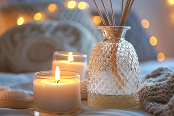 Lit candles and reed diffuser create cozy atmosphere on bed with knitted plaid and bokeh lights, perfect for relaxing evening
