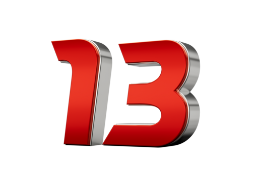 Metallic Red number 13 or Thirteen with a glossy finish and reflective silver edges. 3d illustration