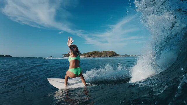 Woman surfer in bikini rides the ocean wave in the Maldives. In water and underwater view of the surfer on the wave