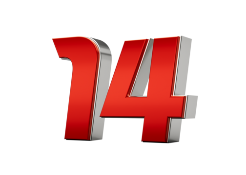 Metallic Red number 14 or Fourteen with a glossy finish and reflective silver edges. 3d illustration