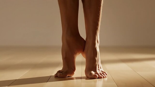 Close-up of a person's bare feet standing on a tiled floor with warm lighting casting shadows, highlighting the human body.