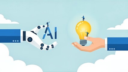 Robotic hand holding AI letters and human hand holding a glowing lightbulb, symbolizing the collaboration between artificial intelligence and human innovation.