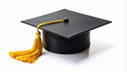 Black graduation cap with yellow tassel on white background