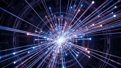 Abstract representation of data flow or energy radiating from a central point in a complex technological network.