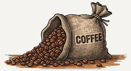 An intricately detailed vintage-style illustration depicts a rustic burlap sack overflowing with aromatic roasted coffee beans, scattered across a warm wooden surface.