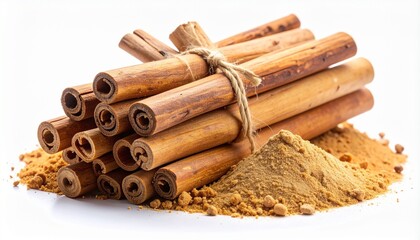 Bundle of cinnamon sticks on ground cinnamon powder