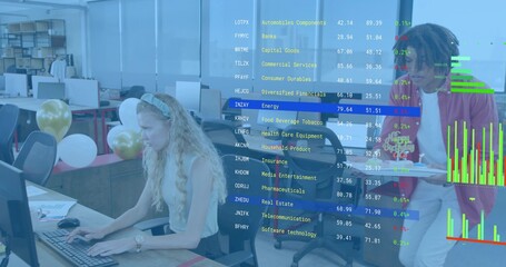 Typing woman on keyboard at open office, colleague in red blazer holding tablet, balloons, tickers