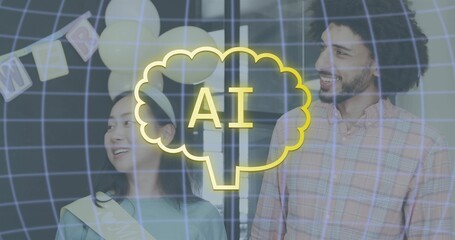 Standing together duo smiling with sash and plaid shirt in hall, balloons, pennant, AI brain grid © vectorfusionart