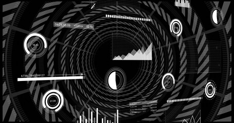 Fototapeta premium Displaying concentric spiral vortex rotating inside virtual HUD, showing half-moon dial and gauges