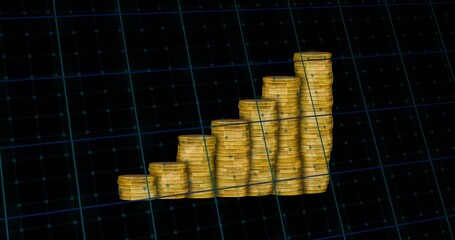 Displaying seven-eight gold coin stacks rising on dark grid plane, with curved green trend lines