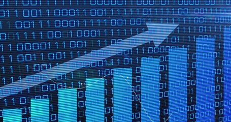 Displaying digital ascending bar chart tracing diagonal arrow in data dashboard with binary code