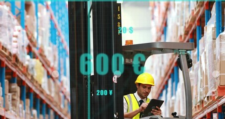 Checking man wearing yellow hard hat, hi-vis vest using tablet in warehouse, forklift overlays