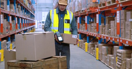 Scanning worker wearing hi-vis vest and cap, operating scanner in warehouse, with pallets