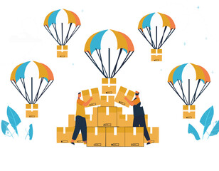 People Unloading Boxes Delivered By Parachutes At A Donation Station With Blue And Orange Accents And A Dark Background