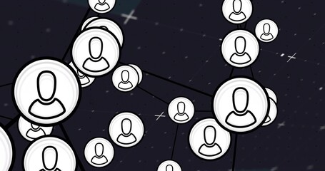 Connecting cluster of avatar badges forming network on dark starry background, with connector lines © vectorfusionart
