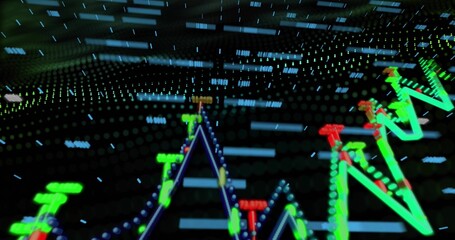 Displaying neon zigzag line chart moving across virtual trading dashboard, with glowing data nodes