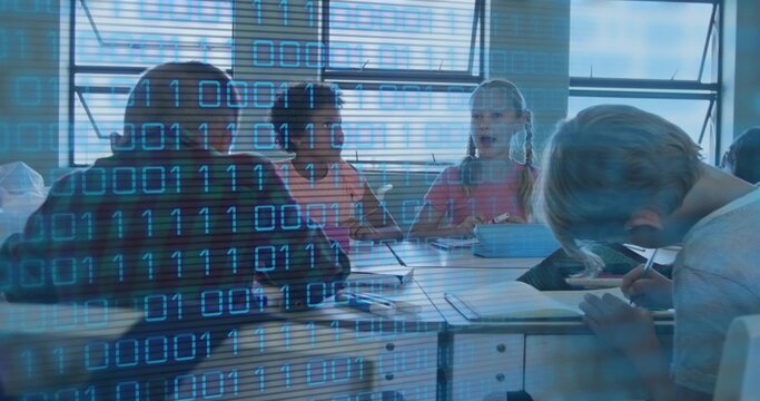 Sitting group of four kids wearing shirts, discussing tablet at class table with binary overlay