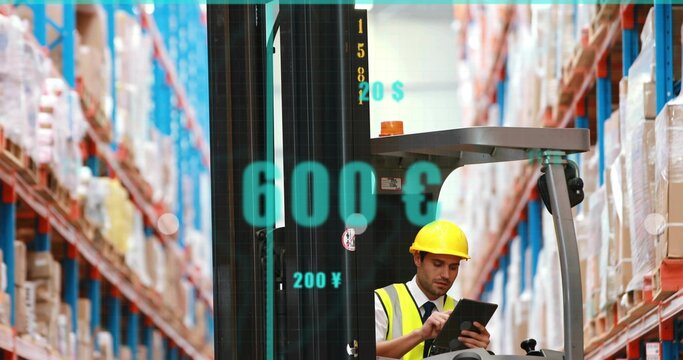 Checking man wearing yellow hard hat, hi-vis vest using tablet in warehouse, forklift overlays - Powered by Adobe
