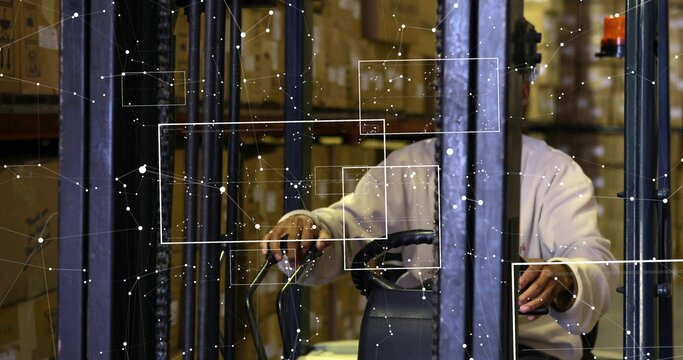 Operating forklift driver wearing light shirt navigating warehouse aisle among racks and boxes HUD