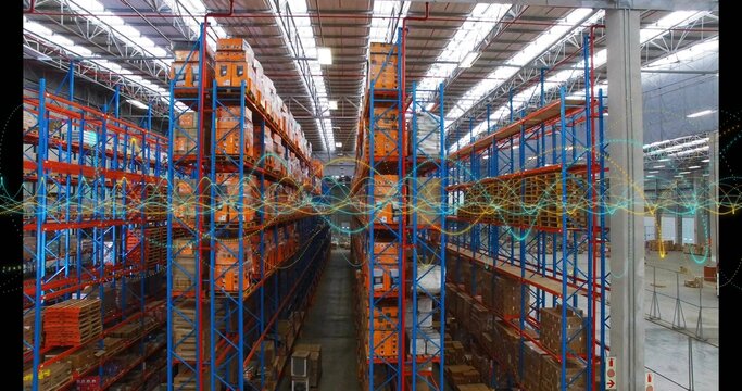 Displaying central aisle with blue frames and orange beams on pallet racking, waveform overlay