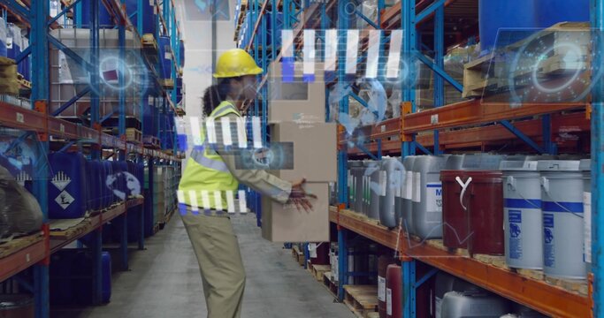 Carrying warehouse worker in hard hat and safety vest walking aisle, holding stacked boxes, AR HUD