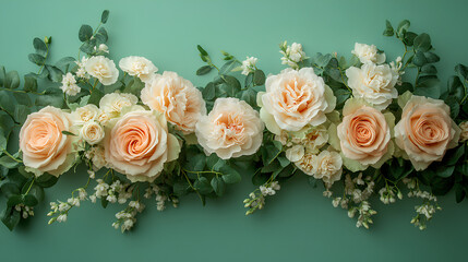 Floral Symphony: A delicate composition of creamy roses, carnations, and verdant eucalyptus leaves unfolds against a muted backdrop, evoking a sense of calm and beauty.