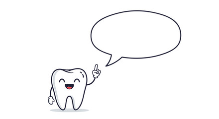 Cute and healthy tooth character smiling and pointing up with a blank speech bubble for dental advice or oral hygiene tips.