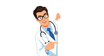 Fototapeta premium Friendly male doctor with a stethoscope peeking from behind a blank wall and pointing to the empty space for medical text.