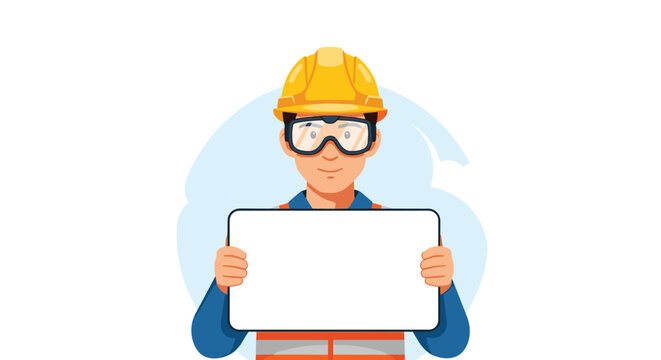Male industrial worker wearing a hard hat and safety goggles holding a blank white sign for custom text, isolated on white.