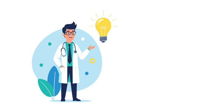 Male doctor character presenting a glowing light bulb, symbolizing a medical breakthrough, new idea, or healthcare innovation.